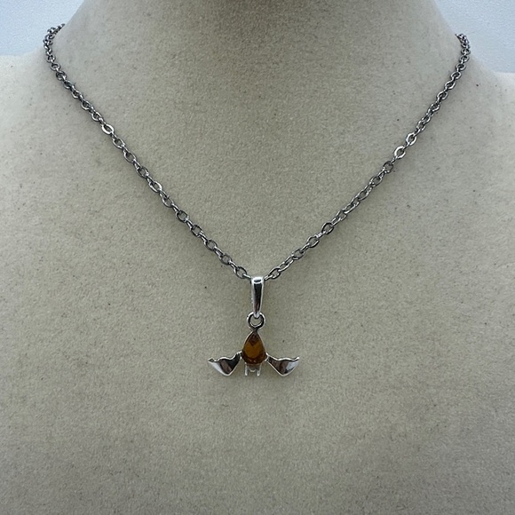 None Jewelry - Silver and Amber Bat Pendant on Stainless Steel Chain